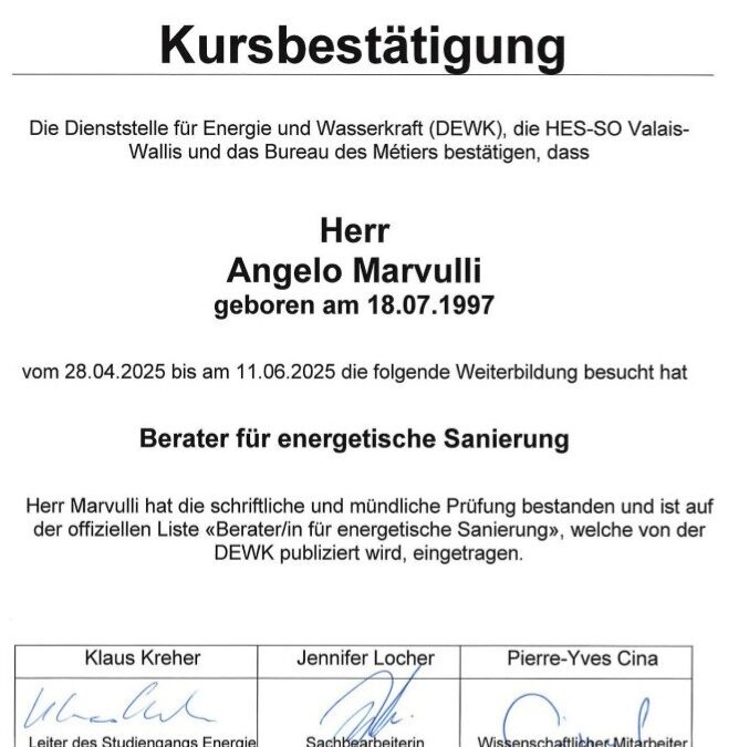 Diplom für Angelo Marvulli zum Berater für energetische Sanierungen